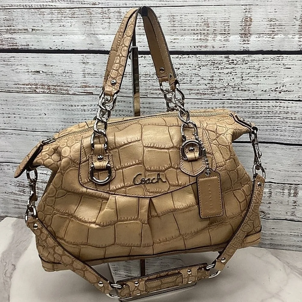 RARE COACH ASHLEY SATCHEL FAUX CROC TAN CAMEL HAND SHOULDER BAG FALL RETIRED GUC